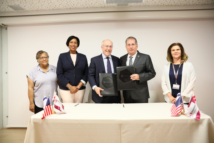 Pictured (L–R): Anita Bonds, At-Large member of the Council of the District of Columbia and Chairwoman of the Committee on Housing of Neighborhood Revitalization; Mayor Muriel Bowser, Professor Newman, Dr. Halberthal, and Professor Ben-Arush, following th