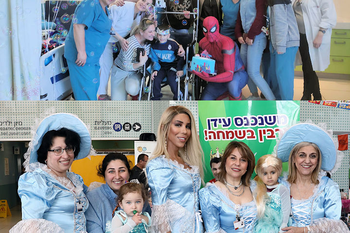 Spiderman with Raziel Amar and staff members and patients dressed as princesses.  Photography: Rambam HCC