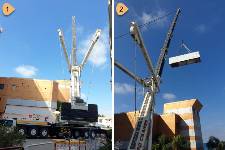 A crane prepares to move the MRI container into place. Photography courtesy of Rambam HCC; Inset courtesy of THERA TRAINER.
