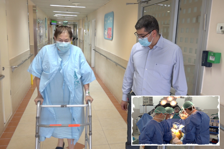 Naomi McCloud and Dr. Ghrayeb, following surgery. Bottom Left: Hip replacement surgery performed at Rambam. Photography: Rambam HCC