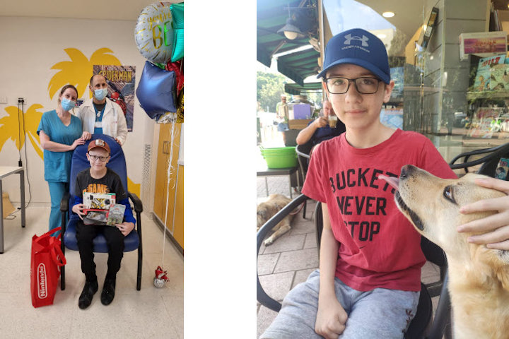 Eyal Rubenfeld (L) with his Nentendo console and game-pack and (R) with his pet dog after the bone marrow transplant. Photography: (L) Rambam HCC; (R) Courtesy of the Rubenfeld family.