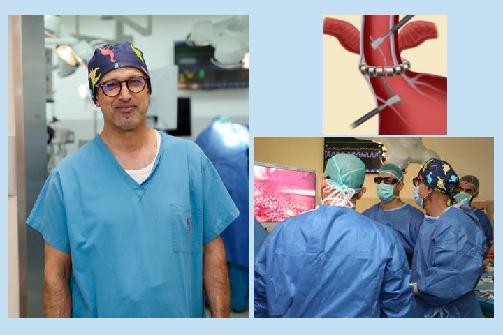L: Professor Assalia; Top R: Diagram of new method using magnetic beads. Bottom R) The surgical team in Rambam's operating room. Photography: Rambam HCC.