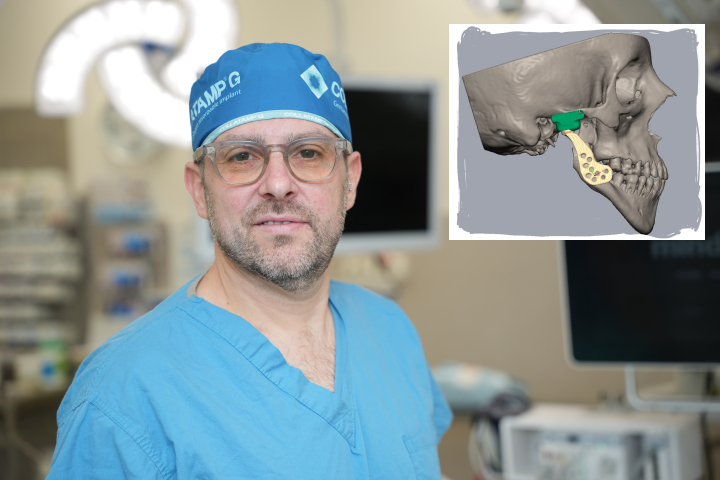 Dr. Boaz Frenkel. Inset: Rendering of the 3D surgical plan for Maya's procedure.  Photography: Rambam HCC