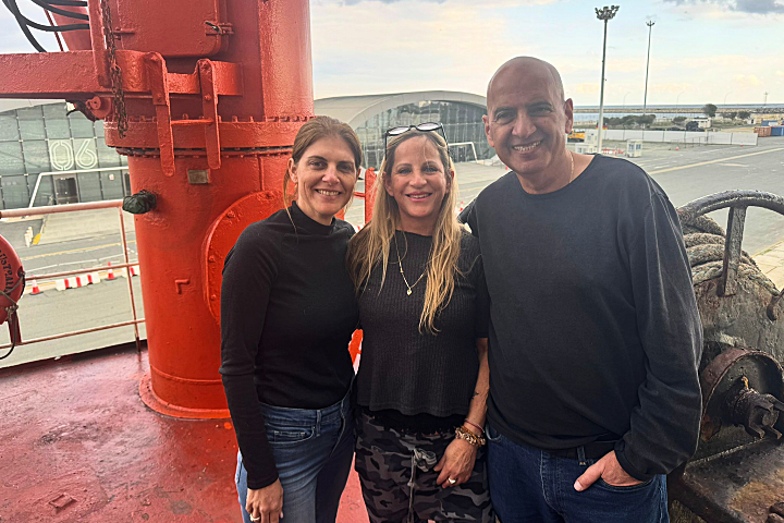 L-R: Dana Vitner, Gila Hyams, and Nissim Haim aboard the ZIM carrier. Photo courtesy of Gila Hyams.