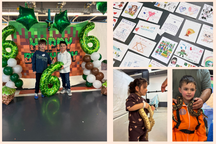 Childrens' activities in the FUEH: Birthday celebrations, a hands-on reptile activity, and writing notes to encourage IDF soldiers. Photography: Rambam HCC.