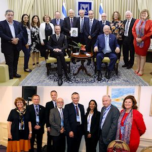 The Editorial team of the Lancet (top) ​with
Reuven Rivlin, President of Israel, and 
(bottom) in Tel Aviv.
Photograpy: Top) Pioter Fliter; Bottom) GPO.